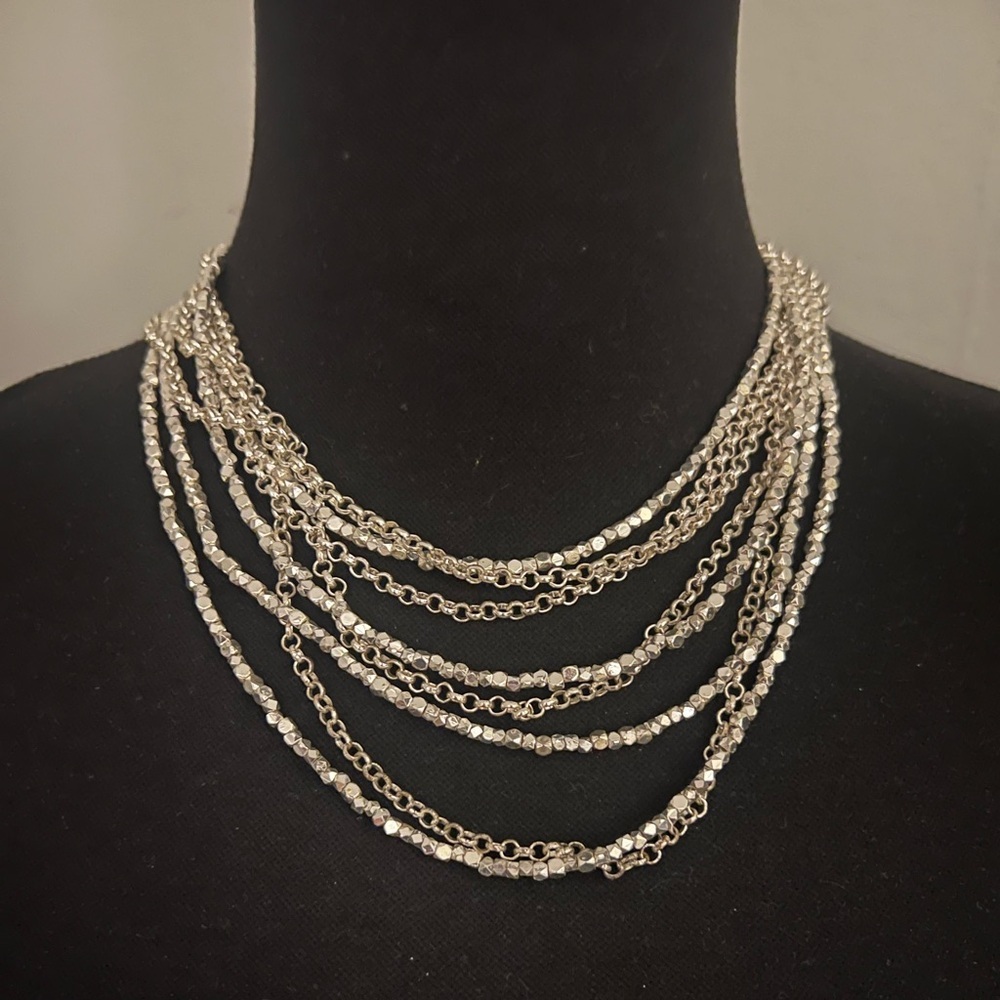 Elegant Silver Layered Necklace Multi-strand Silver Tone - Picture 2 of 5